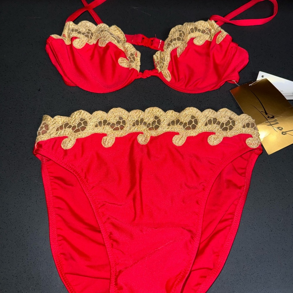Gottex Red and Gold Lace Bikini Set